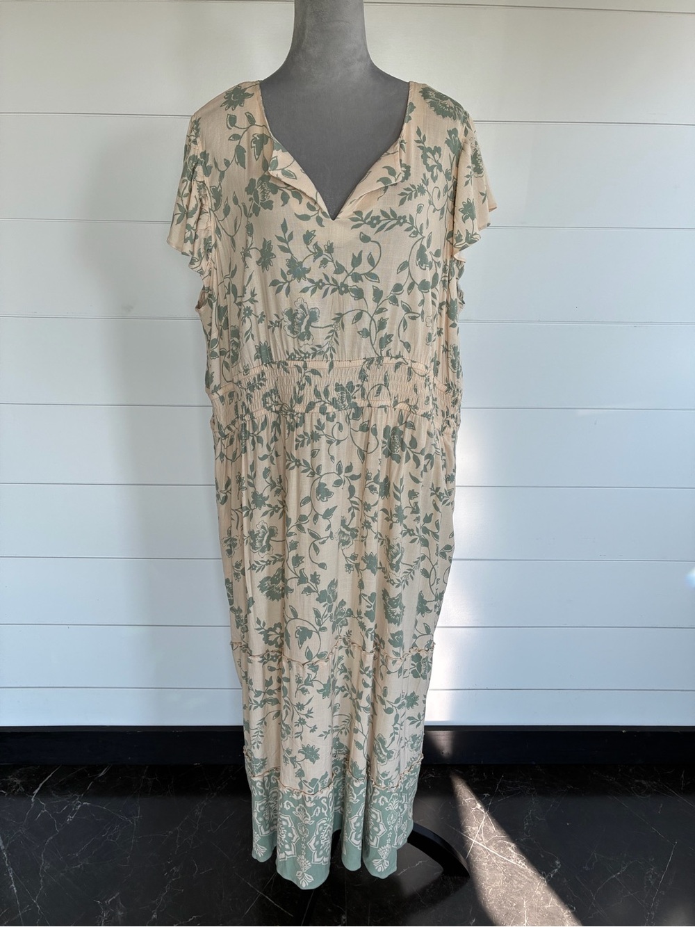 Lucky Brand Floral Sage Maxi Smocked Waist V-Neck Flutter Sleeve3X NWT/0428